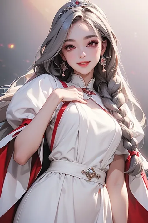 (Highest quality, masterpiece:1.2), High Resolution, 最高masterpiece、very detailed, realistic:1.37,   fantasy,  illustration,gray hair、 red eyes、  queen, white dress、beautiful、 Eye Shadow Red   、  thick eyebrows、long lashes、生徒は黒people々、Lips are shiny、Top Sit...