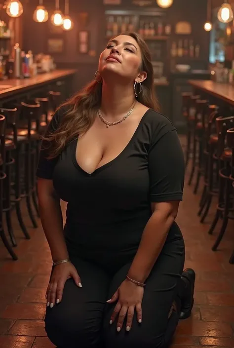 In a bar, high angle view, a massive ass pawg voluptous plus sized mature white waitress kneeling on the floor, looking up at viewer (eyes closed), light brown slickback ponytail, slight face wrinkles, hoop earings, realistic tongue, white bubbly saliva, w...