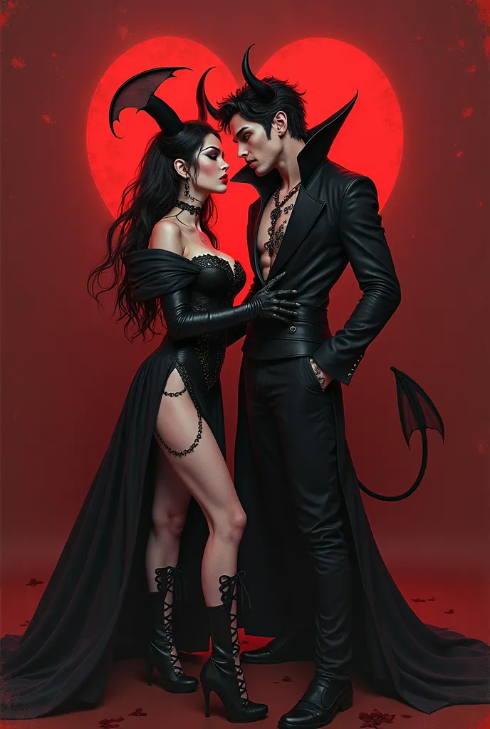 there is a man and woman dressed in devil costumes, a picture inspired by Adrienn Henczné Deák, tumblr, digital art, charli bowater and artgeem, imvu, chaos nightmare ❄️ amour, soft devil queen madison beer, second life avatar, carmilla vampire, giesha dem...