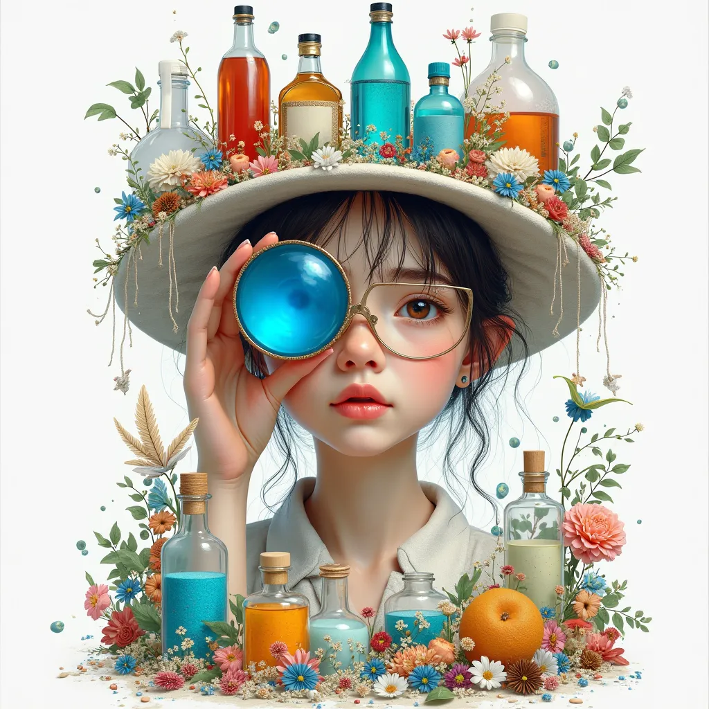 create a picture in hyperrealism style, on a white background, a beautiful girl looks through a blue spyglass, a collage of household goods and household chemicals on the background of a girl