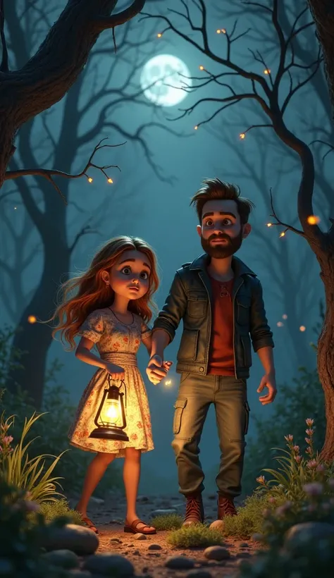 Pixar-style 3D animation render of a sorrowful woman with flowing auburn hair, wearing a vintage-style floral dress, and a rugged bearded man in a dark leather jacket and cargo pants, desperately searching for a lost boy in a dense, eerie nighttime forest....