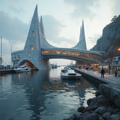 private,  small, seaport of the city of the future, equipped with the latest technologies. Ships are parked on both sides of the ramp. Port, machine closes a special, automated crust, where there is a driveway at the top for parking flying cars, the last m...