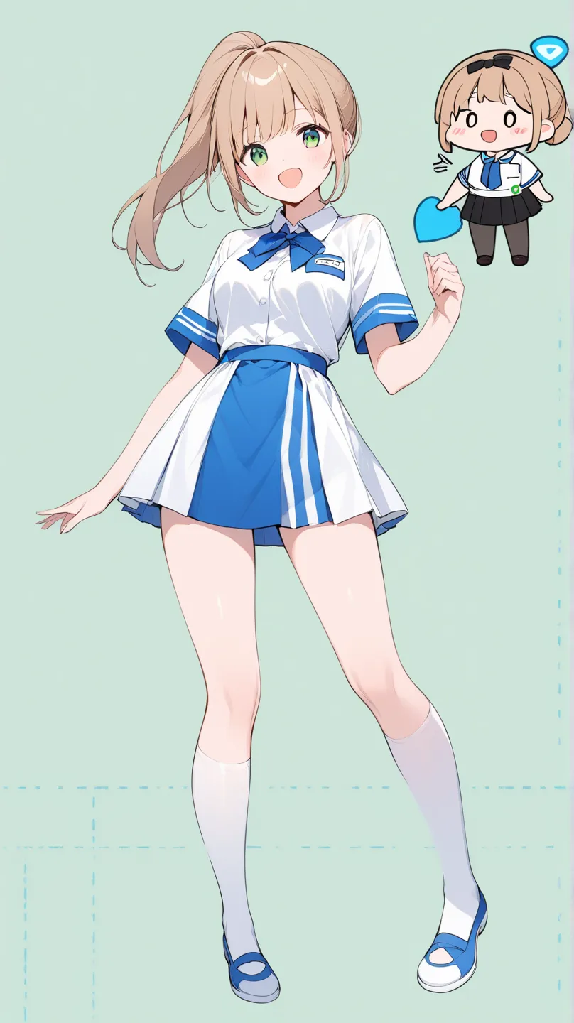 Light color、 line art ,High Resolution、 in detail、Lower ponytail、one girl,cute,:d,stylish,Colorful and cute background、 female college student、 lower breasts visible 、revealing clothes、a combination of FamilyMart and Lawson uniforms、((full body))、high qual...