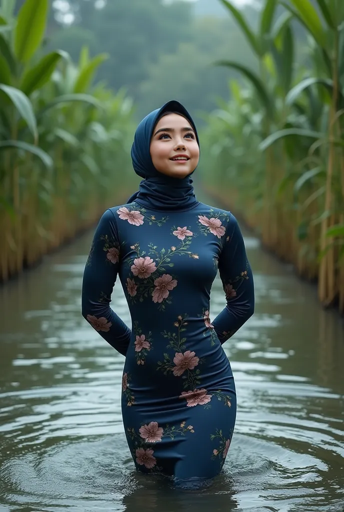 In a beautiful waterfall place, (Muscle bodybuilder), SQUATTING HIGHHEELS SLIP OFF,  "Facial expression in Happy Orgasm", Wearing flora print hijab, Skinny hijab skinny hijab skinny hijab skinny hijab, (photorealistic:1.6) background rice paddy. daytime at...