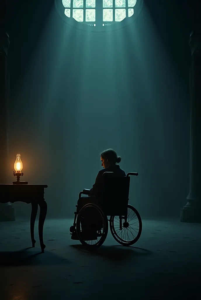 A sad Lady sitting on a wheelchair. A big dark room. A gas lamp on table 