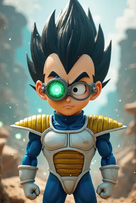 A Minion characterized as Vegeta, Prince of Saiyajins. He wears classic blue and white Saiyan armor with gold shoulder pads. His hair is black and pointed upwards, and he has a serious and arrogant expression. A green tracker is attached to his glasses, an...