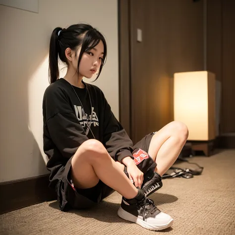 Showing a beautiful Korean woman long hair tied up. Wearing a black leaves with a black leaf, and black cargo pants. Holding cigarettes, sitting in a dark room there is only the spotlight. Full body with a cool style