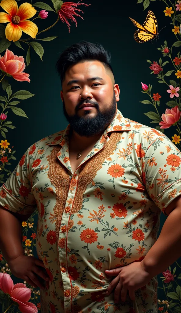 Prompt text to image: a fat  Phillippine Man ,small beard, short messy hair,One of the most handsome ones is adorned with colorful flowers, butterflies and exquisite antique dresses. The background is dark, which enhances the bright colors and beautiful pa...