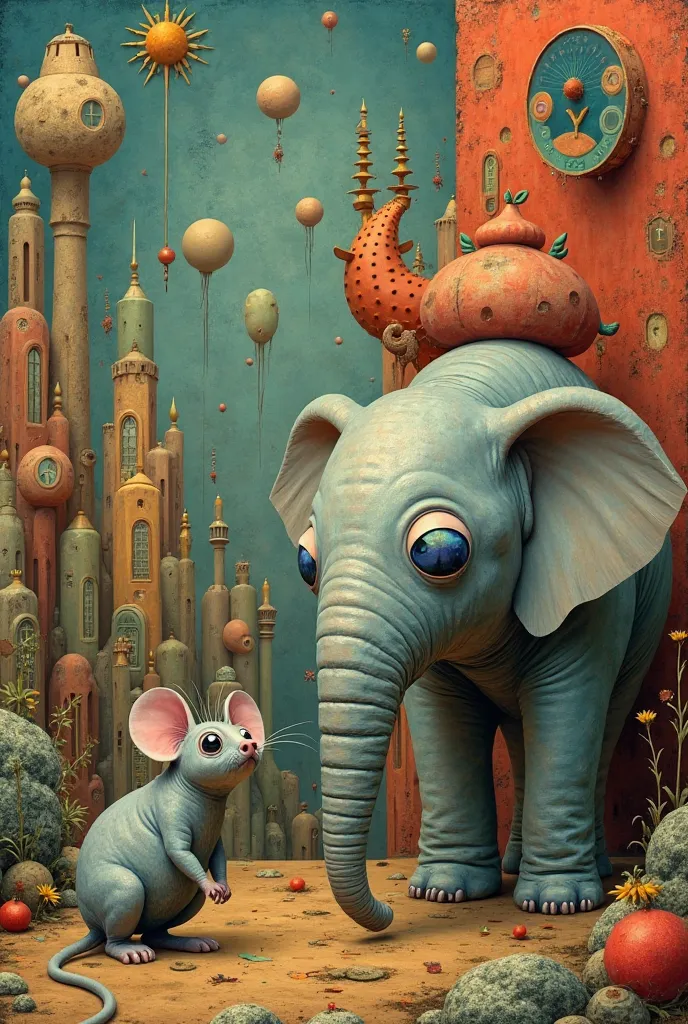 Create a surrealistic picture with a small elephant and a big mouse with a background design in the style of Max Ernst 