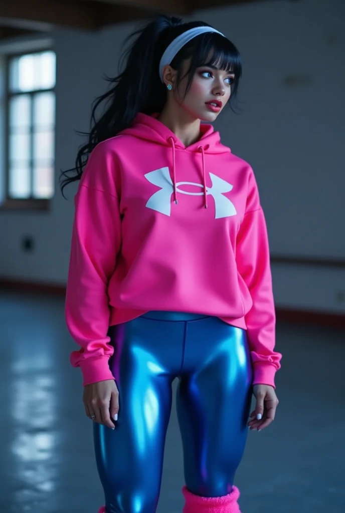 a photorealistic full body shot of beautiful south asian woman with black hair, alabaster skin and blue eyes wearing a neon pink hoodie with a white under armour logo and shiny neon blue metallic leggings.  the woman has huge muscles that stretch her cloth...