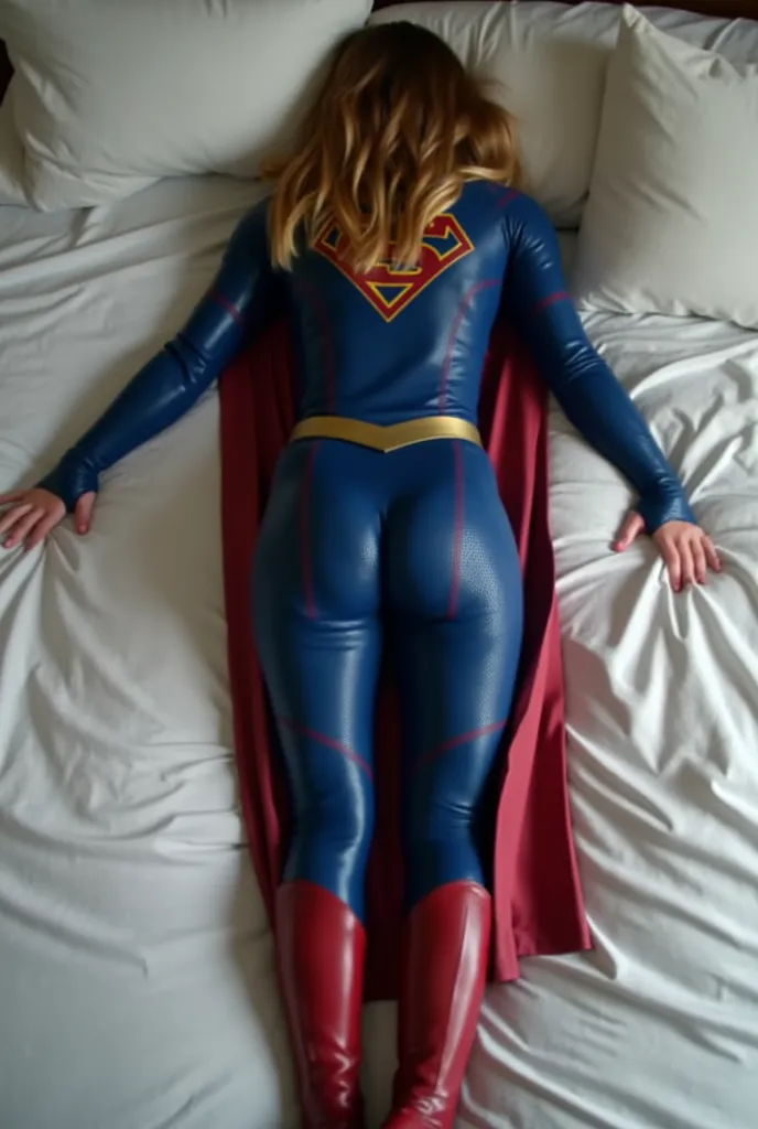 Realistic, full body rear ass back view of supergirl lying on her stomach helpless and defeated on a bed with white sheets, supergirl's hear covering her face, supergirl wearing a tight-fitting skintight push up wedgie tight sexy full body blue  leather su...