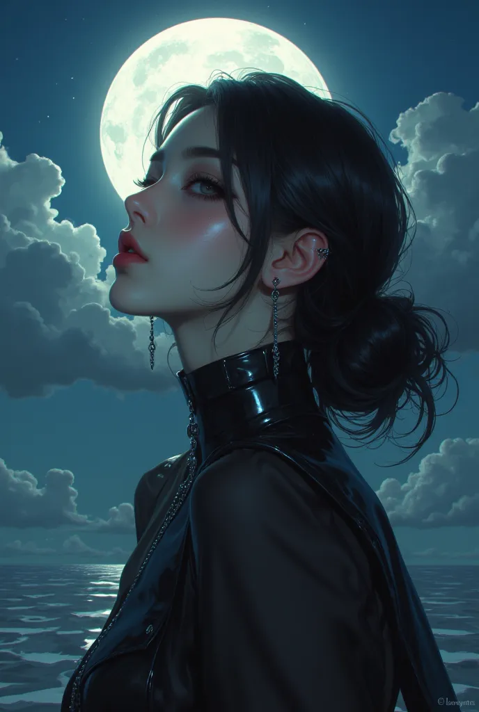 1girl, solo, black_hair, jewelry, earrings, hair_bun, moon, full_moon, stud_earrings, single_hair_bun, parted_lips