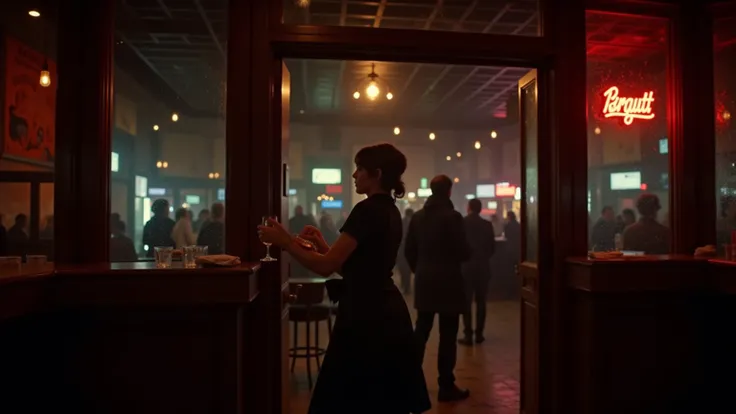 bartender,  European appearance, , wipes the glasses and turns on the lights in a stylish 80s bar, vintage interior details, first visitors,  European appearance, входят, soft atmospheric lighting,  highlights on glass , cinematic composition. Long panoram...