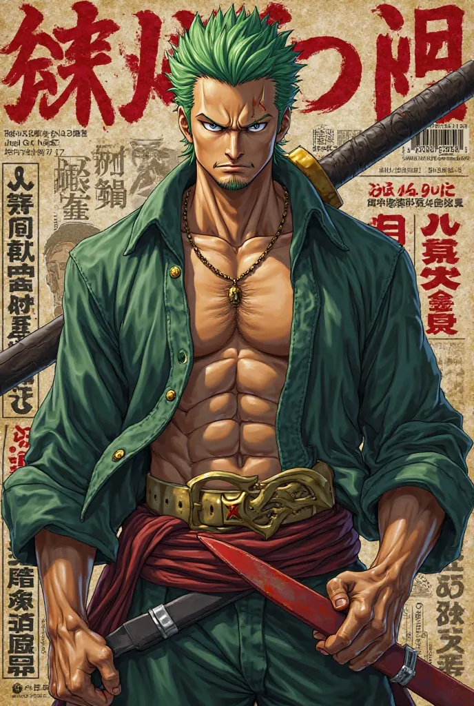 Roronoa Zoro real hyperrealist Hyperrealism as the protagonist of the cover and with background texts as if it were a real magazine.  outfit.  hyperrealism. live action magazine. 