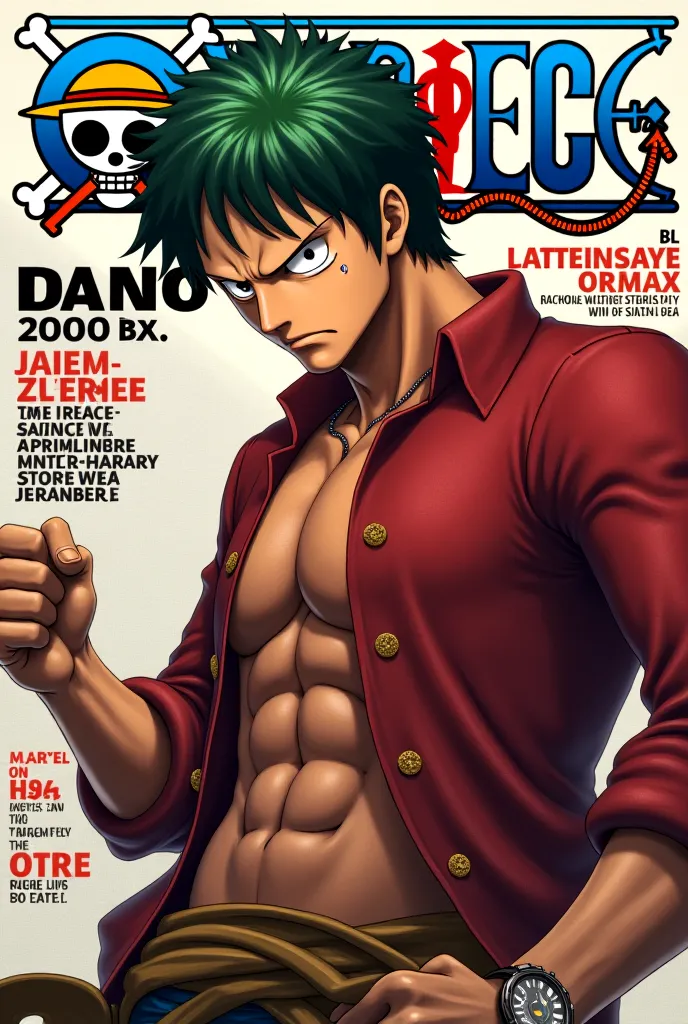 Roronoa Zoro real hyperrealist Hyperrealism as the protagonist of the cover and with background texts as if it were a real magazine.  outfit.  hyperrealism. live action magazine. 