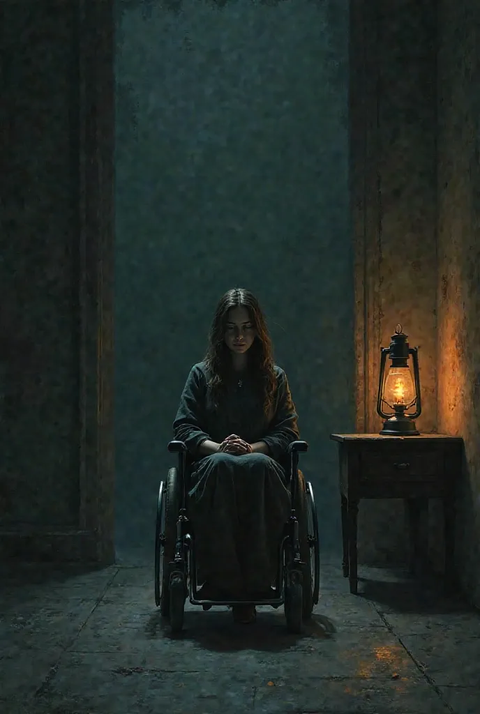 A sad Lady with long hair sitting on a wheelchair. A big dark room. A gas lamp on table