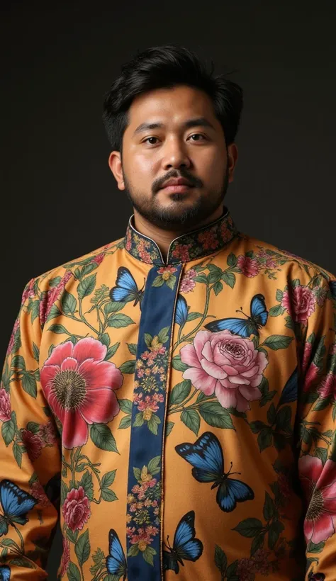 Prompt text to image: a fat asian Man ,small beard, short messy hair,One of the most handsome ones is adorned with colorful flowers, butterflies and exquisite antique dresses. The background is dark, which enhances the bright colors and beautiful patterns ...