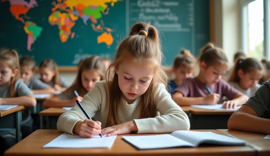 A classroom filled with students taking an exam, capturing a tense atmosphere. The students, mostly agers, are seated at wooden desks, writing on papers with serious and focused expressions. The classroom has a large chalkboard in the background with a col...