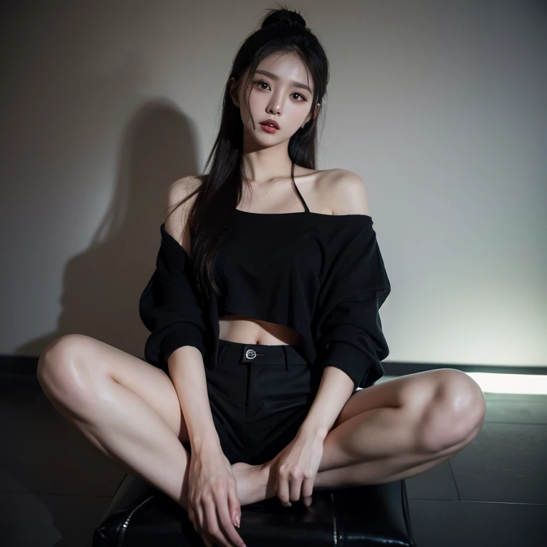 Showing a beautiful Korean woman long hair tied up. Wearing a black leaves with a black leaf, and black cargo pants. Being holding a cigarette in the hand, sitting in a dark room there is only the spotlight. Full body with a cool style