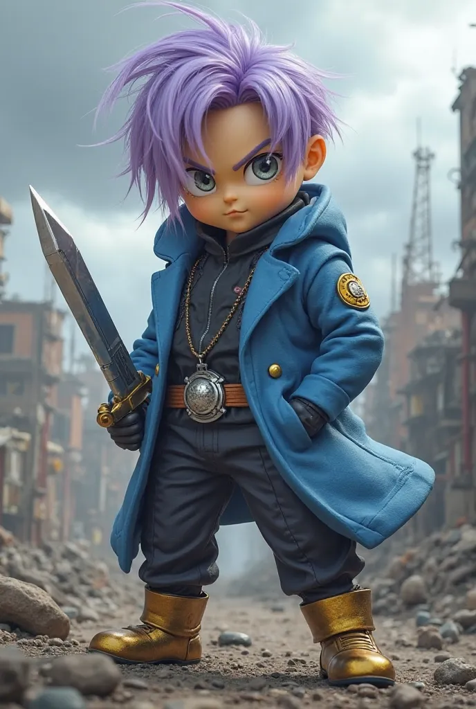 A Minion styled as Future Trunks. He wears a blue coat with the Capsule Corporation logo on his sleeve, dark pants and gold boots. His hair is lilac and straight, and he holds a shining sword in combat pose. The background is a post-apocalyptic setting, wi...