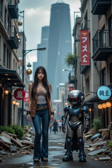 A cinematic urban fantasy movie opening title scene set in a post-apocalyptic world where civilization has crumbled. The background is a vast, ruined cityscape with towering skeletal skyscrapers, overgrown vines, and shattered streets, exuding a festive ye...