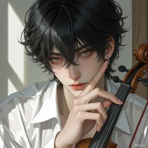 4k , 8k , manhwa , novel , Korea painting style , eyes details , sharp line , soft light , ((only 1 male black hair and grey eyes)) , short hair with , ((no hair bang)) , medium shot , wearing very loose shirt , long eyelash , room environments , hand pose...