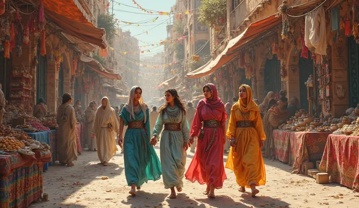 Create a hyper realistic image a 4 womans 25 to 30 Year old walking in market, ancient Arab style