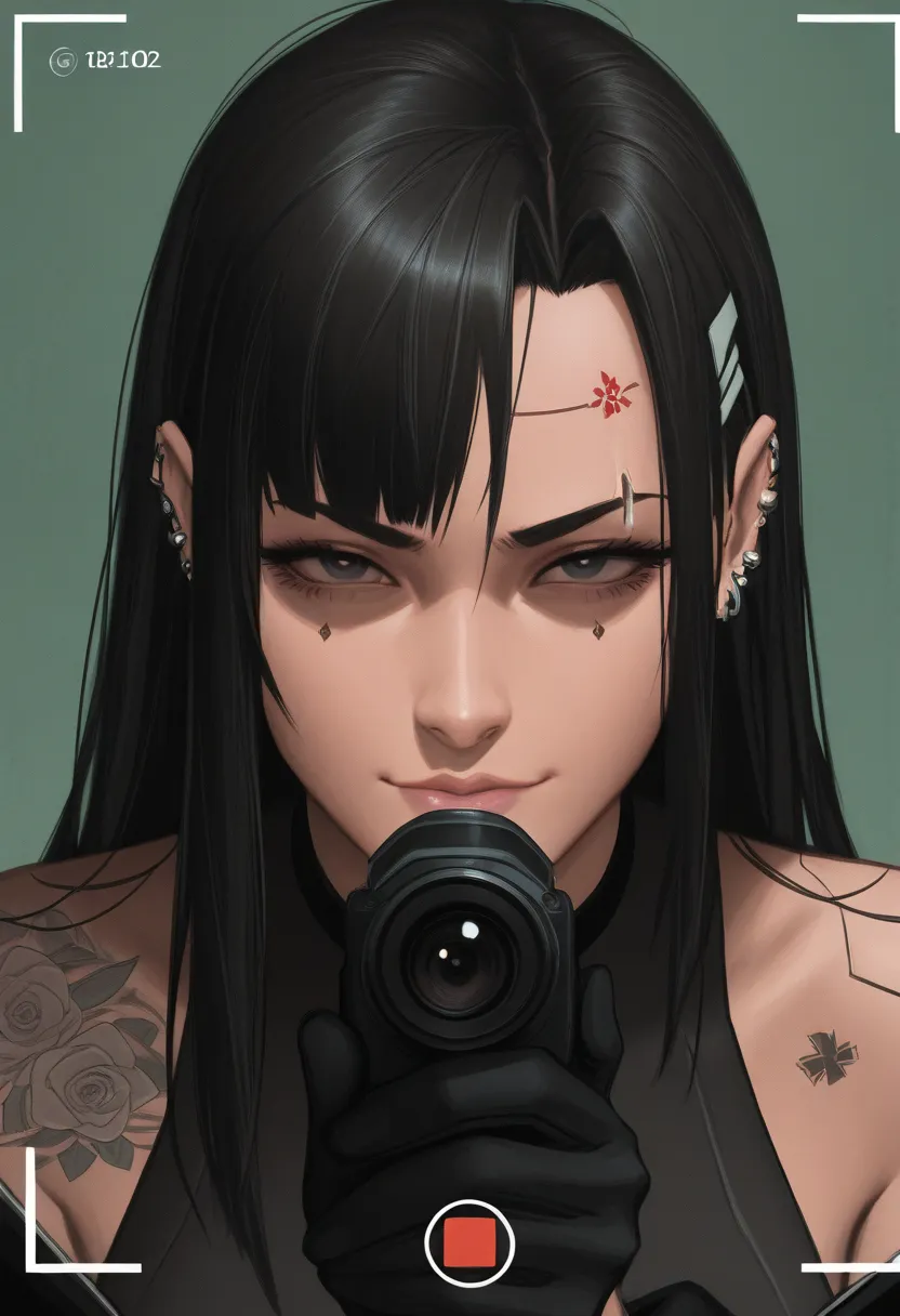   image of an anime girl :1.4,    a close up of a woman with tattoos on her face and body    ,   The bangs reach the eyebrows   ,   squinting eyes looking at the camera,   with long false eyelashes   ,   the head tilted slightly upwards   , With multiple p...