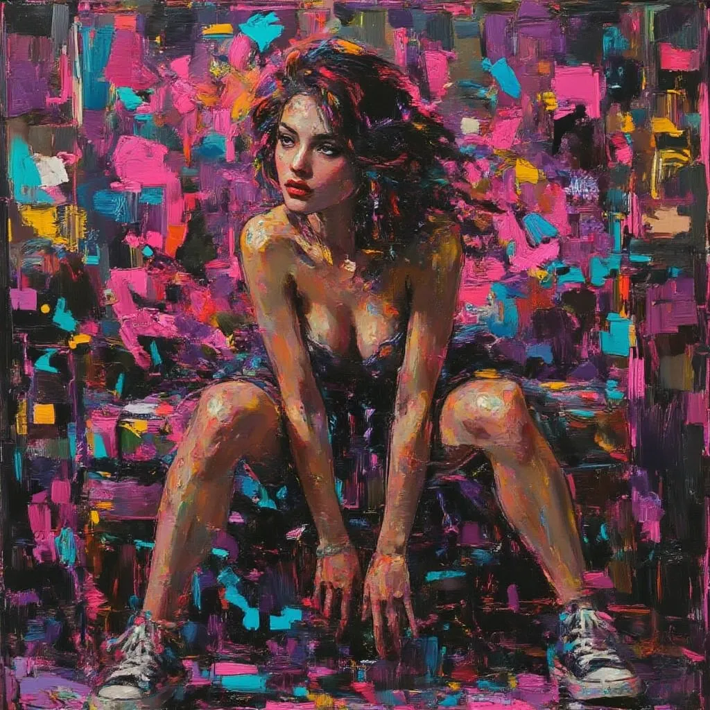 Create a full body image of the most beautiful young Caucasian woman, alluring and sensual, captured in impasto art style. viewed from behind she is topless. She wears only a puffy skirt and chuckie shoes. Her soft, flowing hair and captivating eyes are hi...