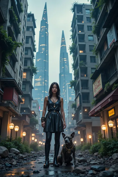 A cinematic urban fantasy movie opening title scene set in a post-apocalyptic world where civilization has crumbled. The background is a vast, ruined cityscape with towering skeletal skyscrapers, overgrown vines, and shattered streets, exuding a festive ye...