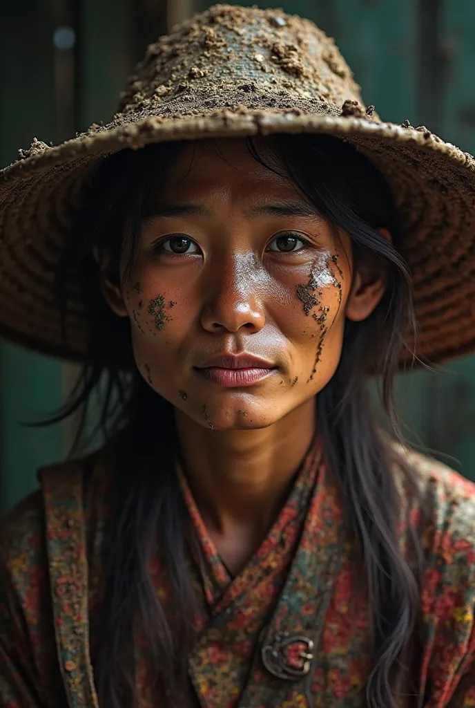 I want to create a picture of a  about . The  is of Tay ethnicity. Lives in the highlands of Vietnam. Poverty and difficult circumstances. Wear hats and traditional Tay costumes. His face was sad and covered in mud. The eyes are crying and streaming tears....