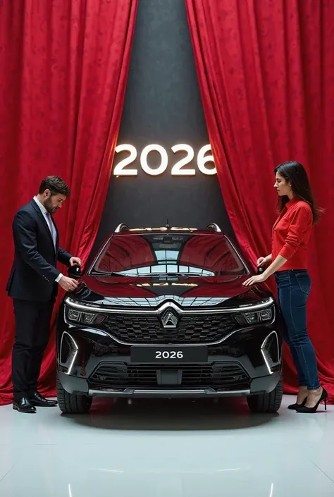 captivating image of a  2025 Citroen C5 Aircross]taking a center stage in a luxurious white showroom.
The futuristic, vibrant ( black )exterior gleams , showcasing it's sleek aerodynamic design and bold accents ,the words ( 2026 Renault 4 ) a man and woman...