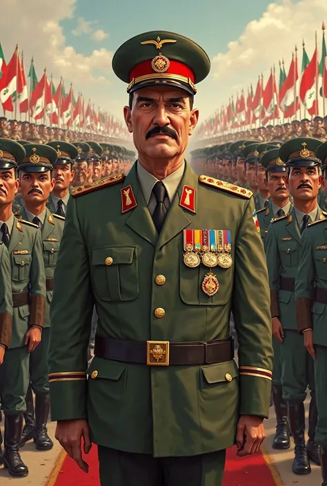 A disney pixar movie poster titled saddam hussein the background army