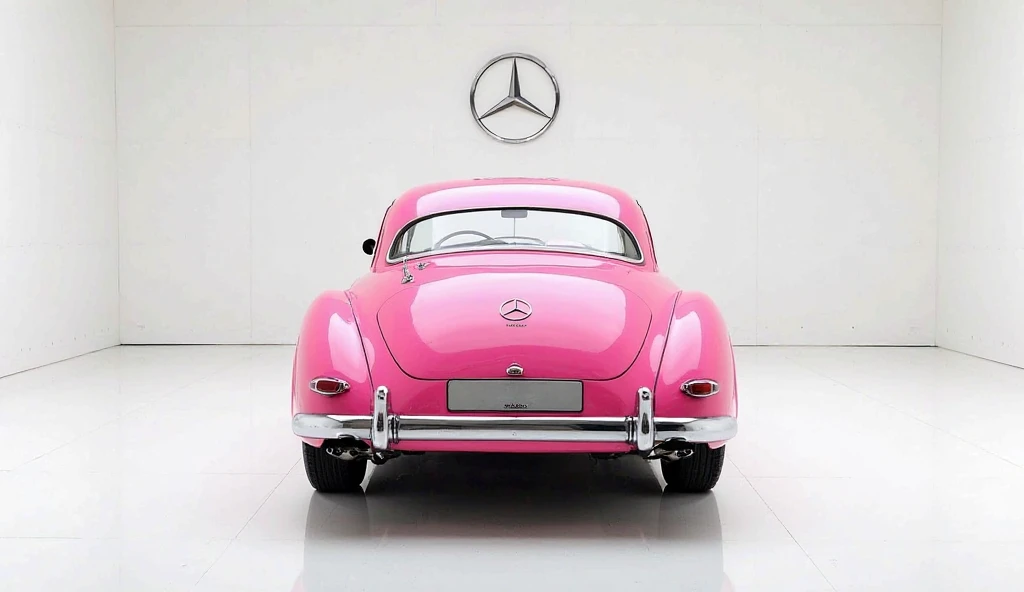 A photo of a bright ( Pink  ) (2025   Mercedes-Benz W105:  )  in a luxurious white showroom. The full back visible. The (company) badge is prominently displayed large on the wall behind the car. The floor is spotless white.