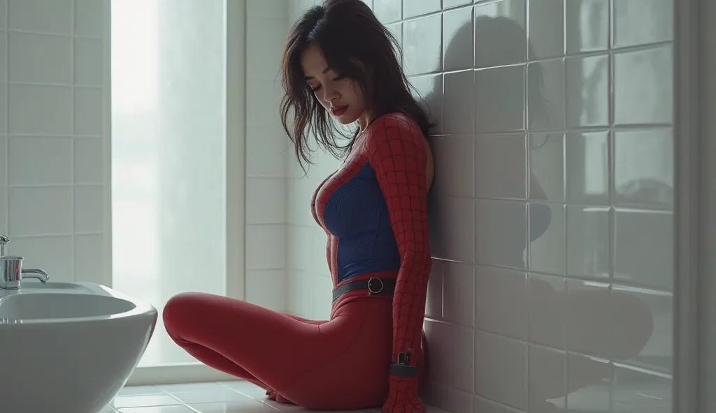 rear view of a sexy spiderman cosplay girl sitting on the toilet with her ass and face turned to face