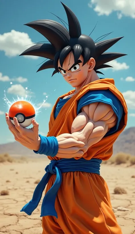 ((Cinematic, hyper-realistic close-up of Goku in his iconic orange and blue gi, standing with a confident stance as he throws a custom-designed Pokéball. His muscular build is perfectly detailed, veins subtly visible on his forearm as he releases the Pokéb...