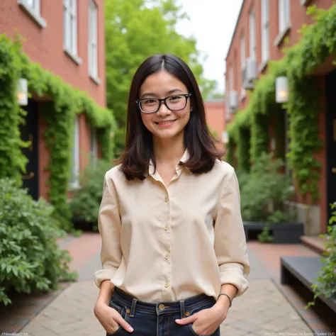 Short Brunette hair, short german college girl, wearing glasses