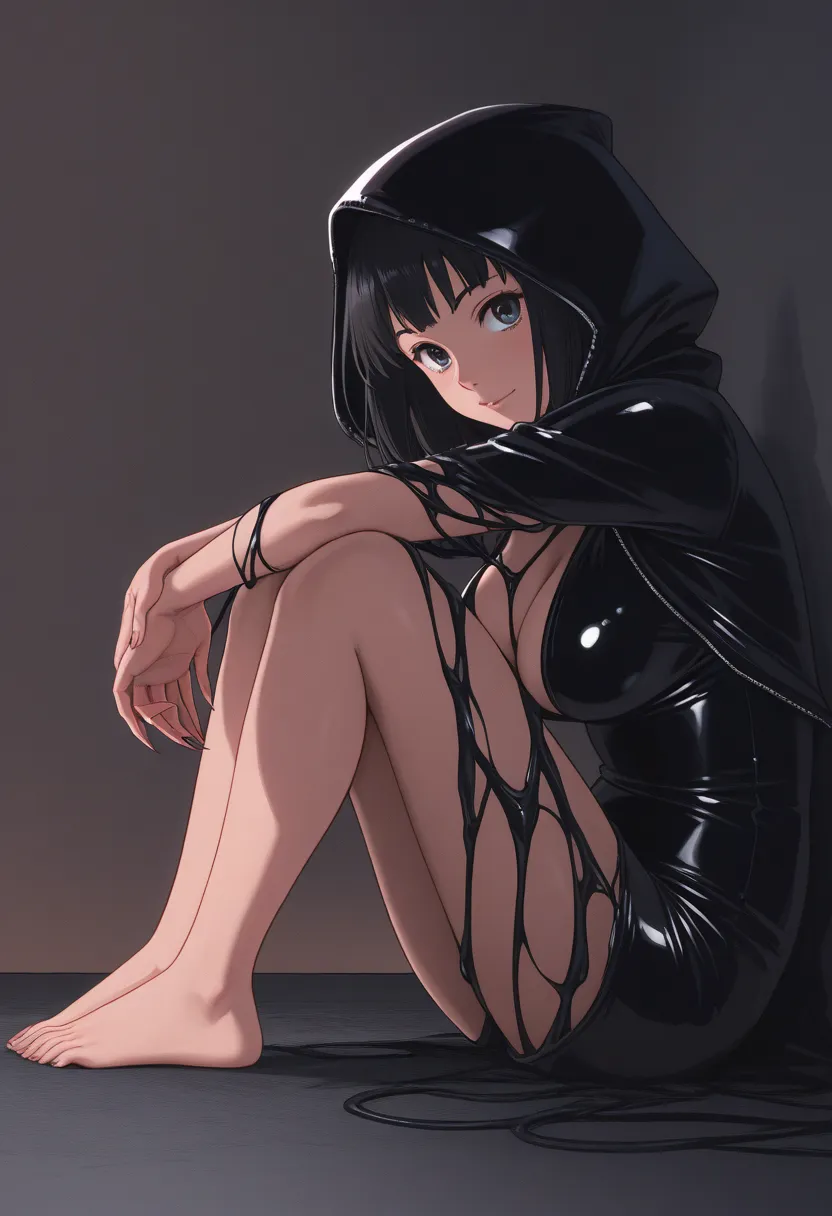  a close up of a photo of a woman wearing a funny hat,  sitting on your knees,  leaning on her hands , 1 girl, Alone ,  breasts, hood, En cuclillas, black hair, barefoot, Faceless, ,, she would butcher swimsuit ,  Ella Carnage Takeover ,  Latex-like costum...