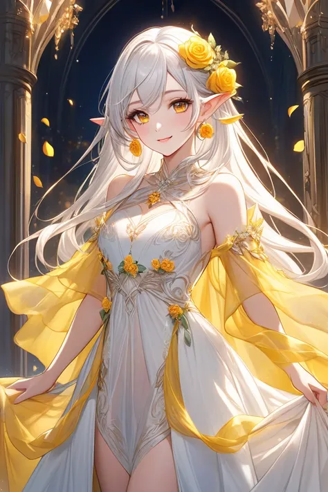 Make an elf female character long white hair finely unraveled and my eyes are blue easy like diamonds and look beautiful and sexy and enchanting and look beautiful 

Post standing up with a sweet smile,  Light Armor dress transparent yellow soft robe is ve...