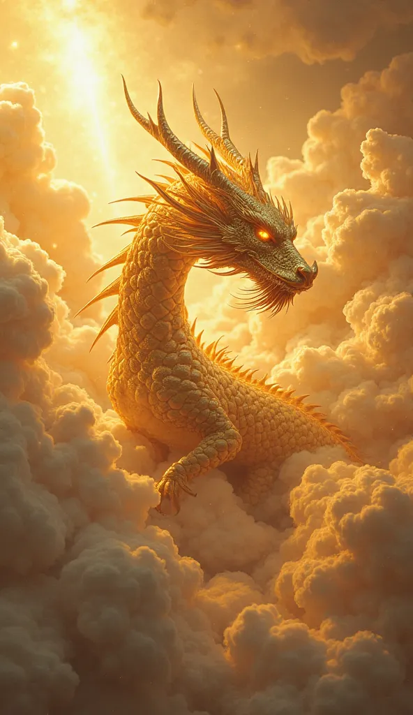 A majestic and regal golden dragon soaring through glowing celestial clouds, exuding power and wisdom. Its long, sinuous body is covered in shimmering, intricately detailed golden scales that reflect the divine light. The dragon's sharp, piercing eyes glow...