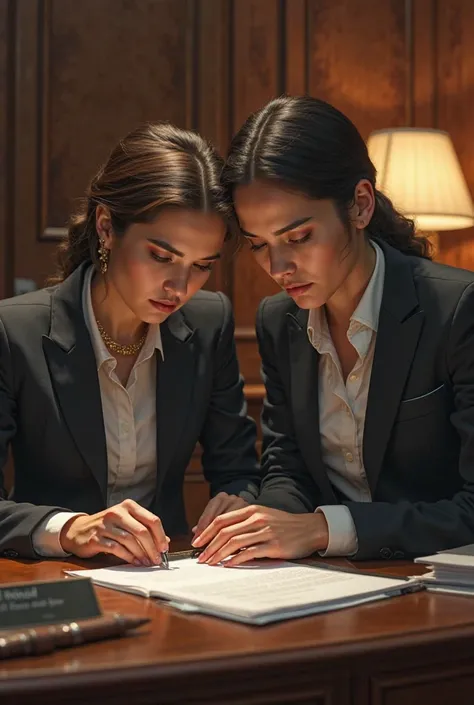 
A beautiful female lawyer and her client reviewing a contract with the text "Before You Sign, Consult a Lawyer!"
