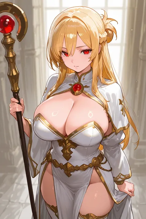 twenty year old sexy fantasy woman saint with blonde hair and red eyes and a staff and a half-up hairstyle with braids and big breasts that are 90 centimeters big