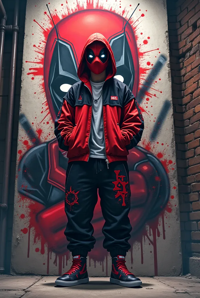 modern, urban streetwear character standing in front of a massive graffiti mural of Deadpool. The character wears a Deadpool-inspired outfit, including a red and black hoodie with Deadpool-themed patterns, a Deadpool mask with white patch eyes, a casual t-...