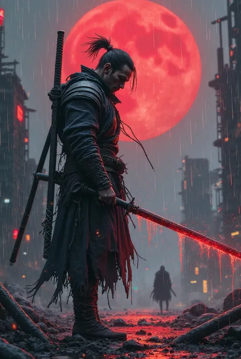 A lone warrior, battle-worn and bruised, stands on a rain-soaked rooftop under a blood-red moon. His sword drips with energy, glowing faintly as sparks fly from the impact of his last clash. The wind howls through the ruined city, neon lights flickering in...