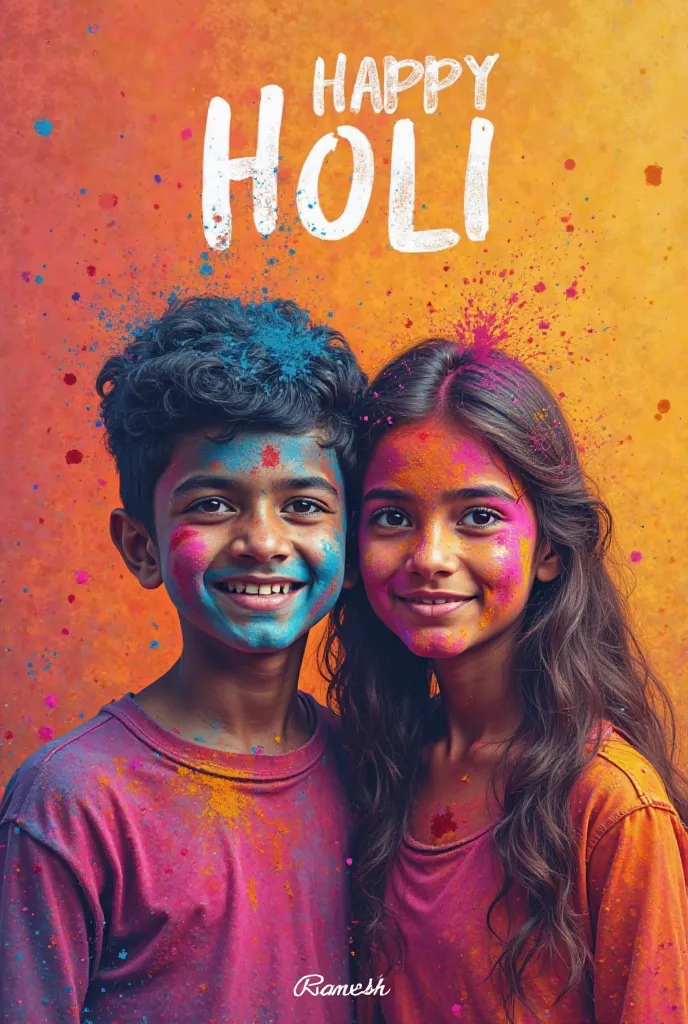 A photo Holi background with Happy Holi written on it and there is a boy and a girl who are colorful and in front of the background my name is written and Ramesh and the name is also in red black pink orange color