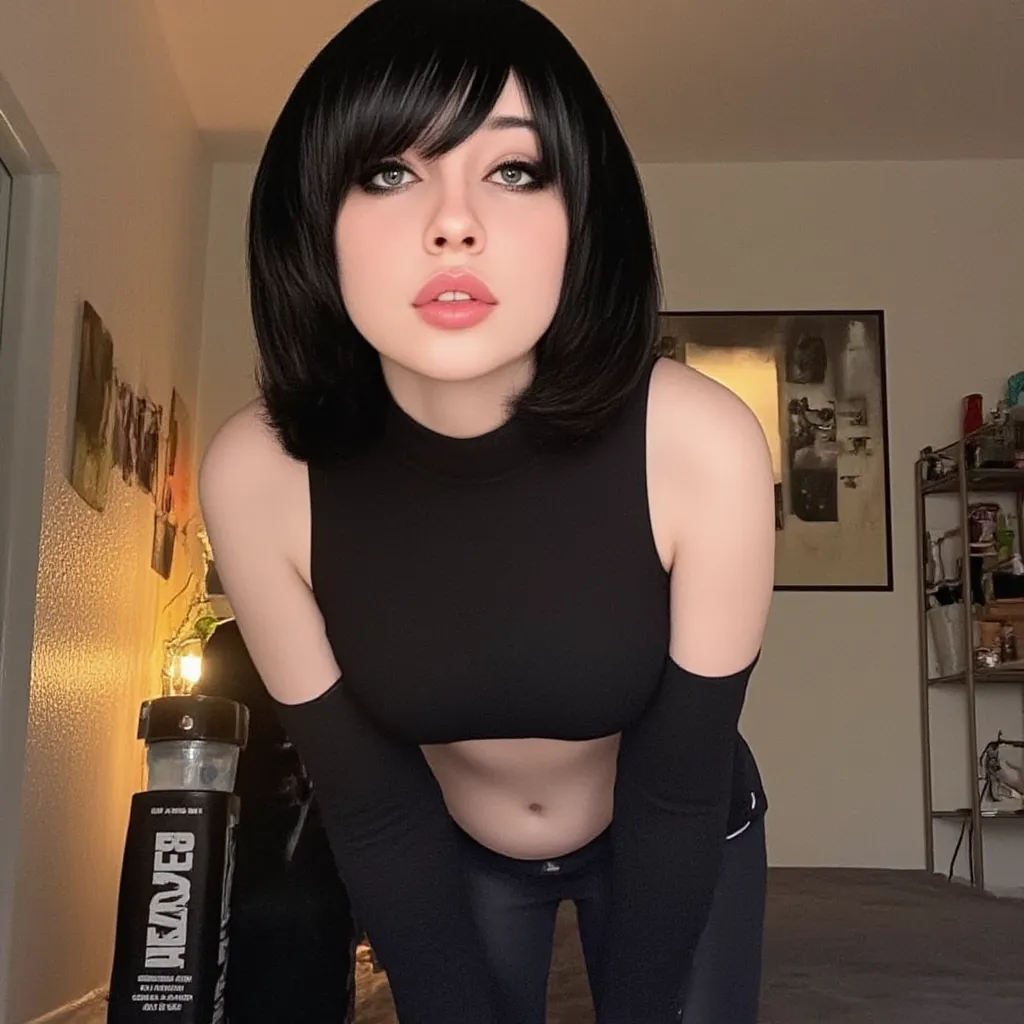 Candid photo of a stunningly attractive young goth girl leaning forward. She is bending forward. Cleavage. She has black hair and bangs. She is wearing a black tank top. In an apartment. Skinny waist. High quality photo. Best resolution. Realistic texture.