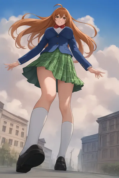 best quality,masterpiece,looking at viewer,absurdres,1girl,score_9,score_8_up,score_7_up,source_anime BREAK natsume aya,orange hair,long hair,brown eyes,ahoge,breasts,white ,skirt,bow,plaid,large breasts,jacket, plaid, green plaid skirt, blue blazer,  whit...