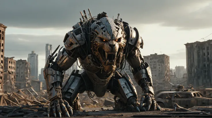 cinematic photo Mechanical cyborg (Saber-toothed cat), saber-shaped upper canine,(((steampunk))), rusty old armor, old metal, robot, (((full body visible))),large fangs, wires, realistic, creepy, scary, cables, post apocalyptic city background, glaring at ...