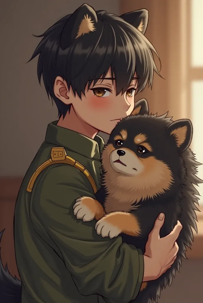 BTS Small V in Korean Simple Military outfit with Bear Ears and tail crying whole heartedly when sees that his dog Yeontan black and tan Pomeranian died in his arms. He holds his dog tightly to his chest (close the dog's eyes)