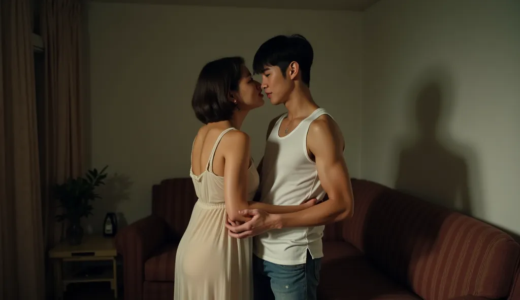 A sensual but not explicit scene in a modest Korean living room. A middle-aged Korean woman in her late 40s, wearing a translucent dress, is standing with her back slightly arched and holding onto a sofa. A young Korean man in his early 20s, wearing a slee...